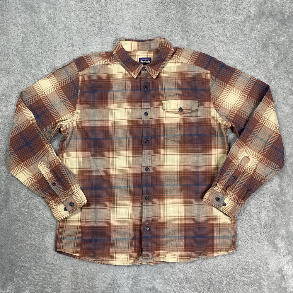 Patagonia Fjord Flannel Shirt Mens Large Brown Plaid Long Sleeve Button Front